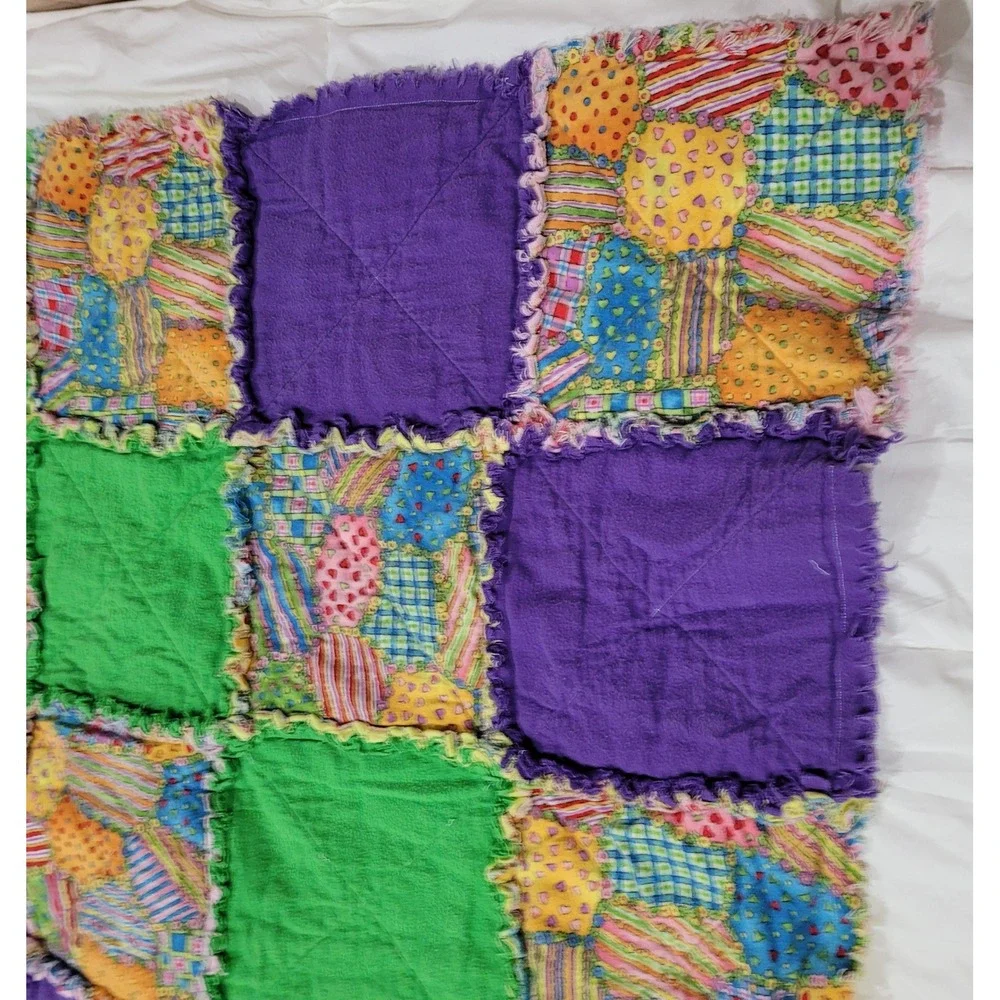 Handmade Rag Quilt College Station TX Cathy Catron‎ Purple Green Pink Yellow